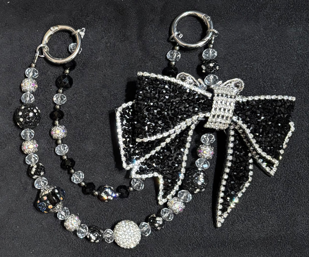 Front view of Large Black Bow Charm with crystal beaded chain