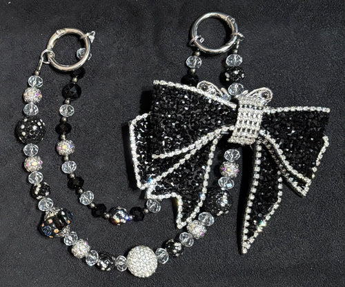Front view of Large Black Bow Charm with crystal beaded chain