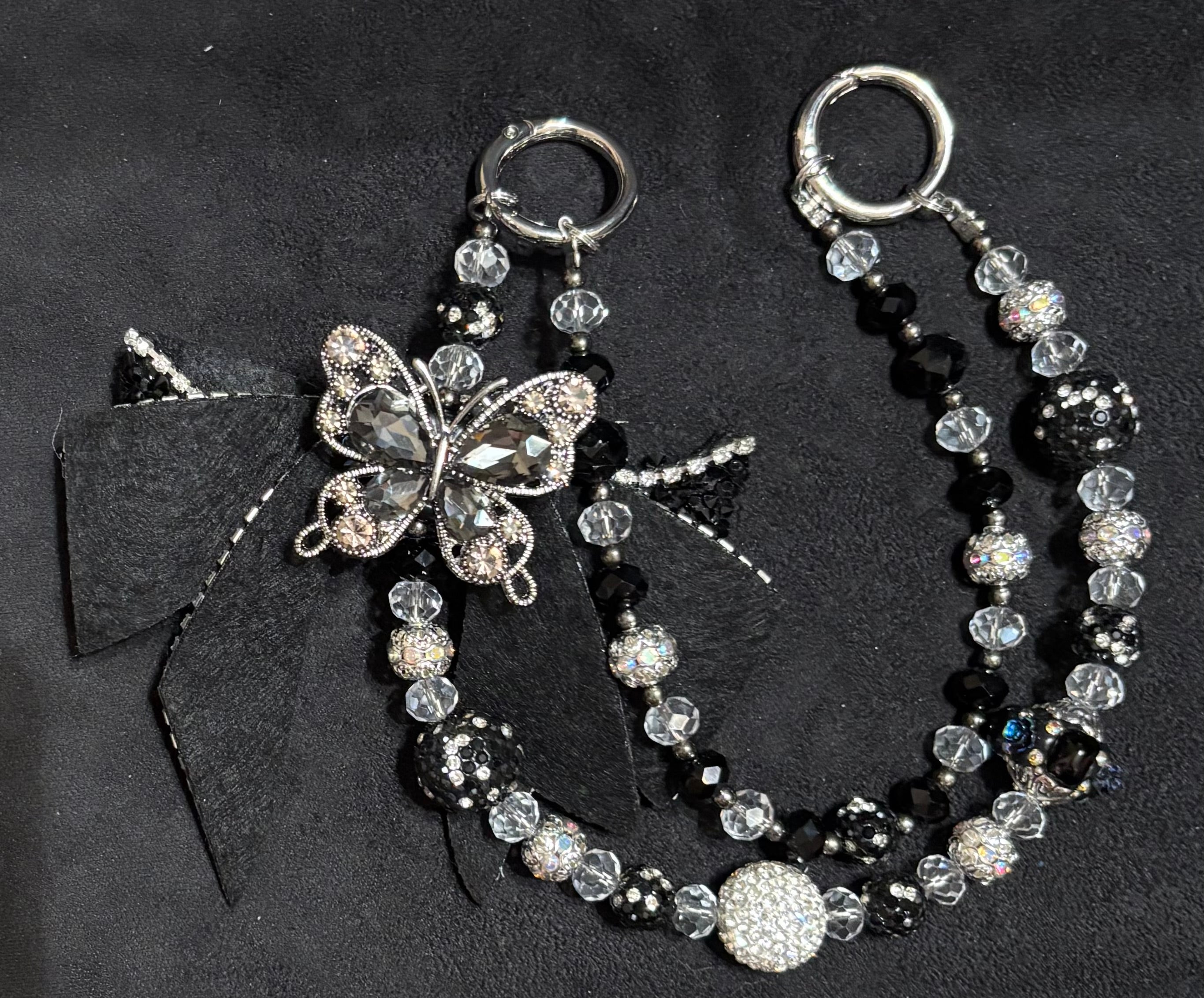 Black bow beaded charm with butterfly accent - alternate view