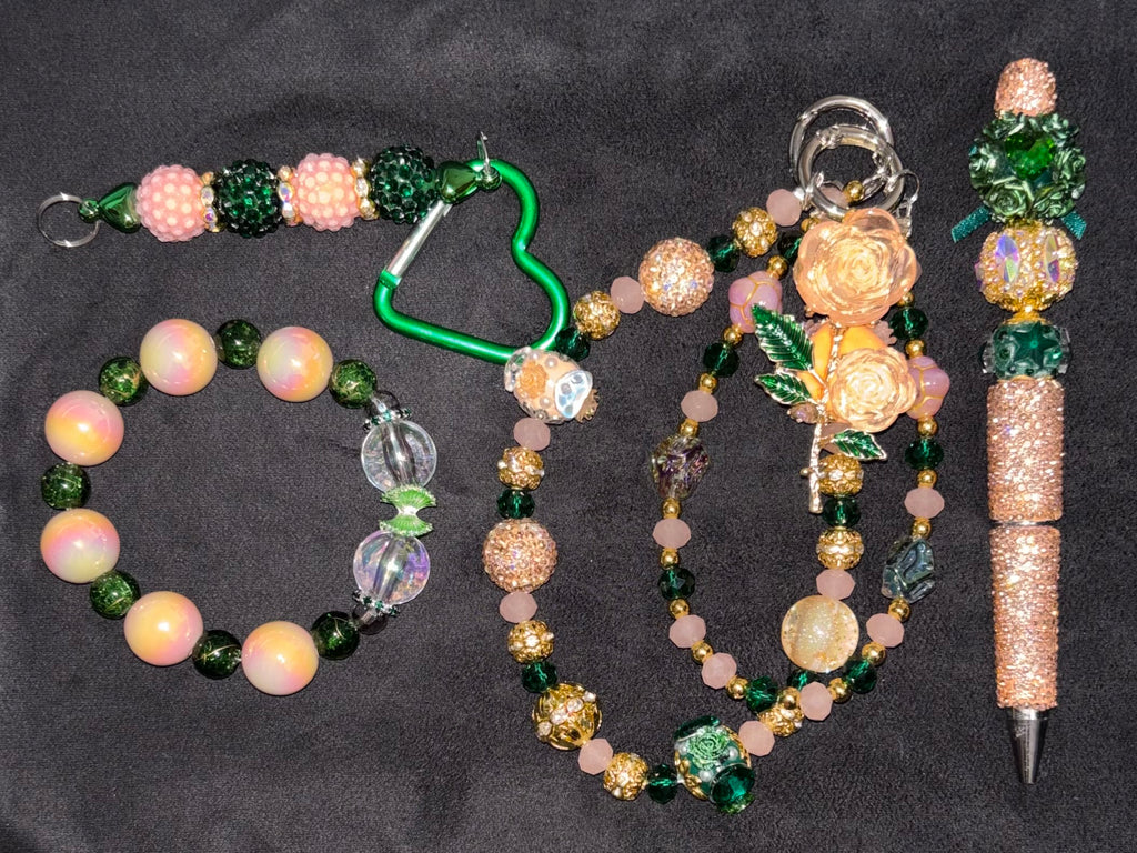 PEACH(ES) & GREEN - Beaded Charm, Keychain, Pen & Stretch Bracelet Set