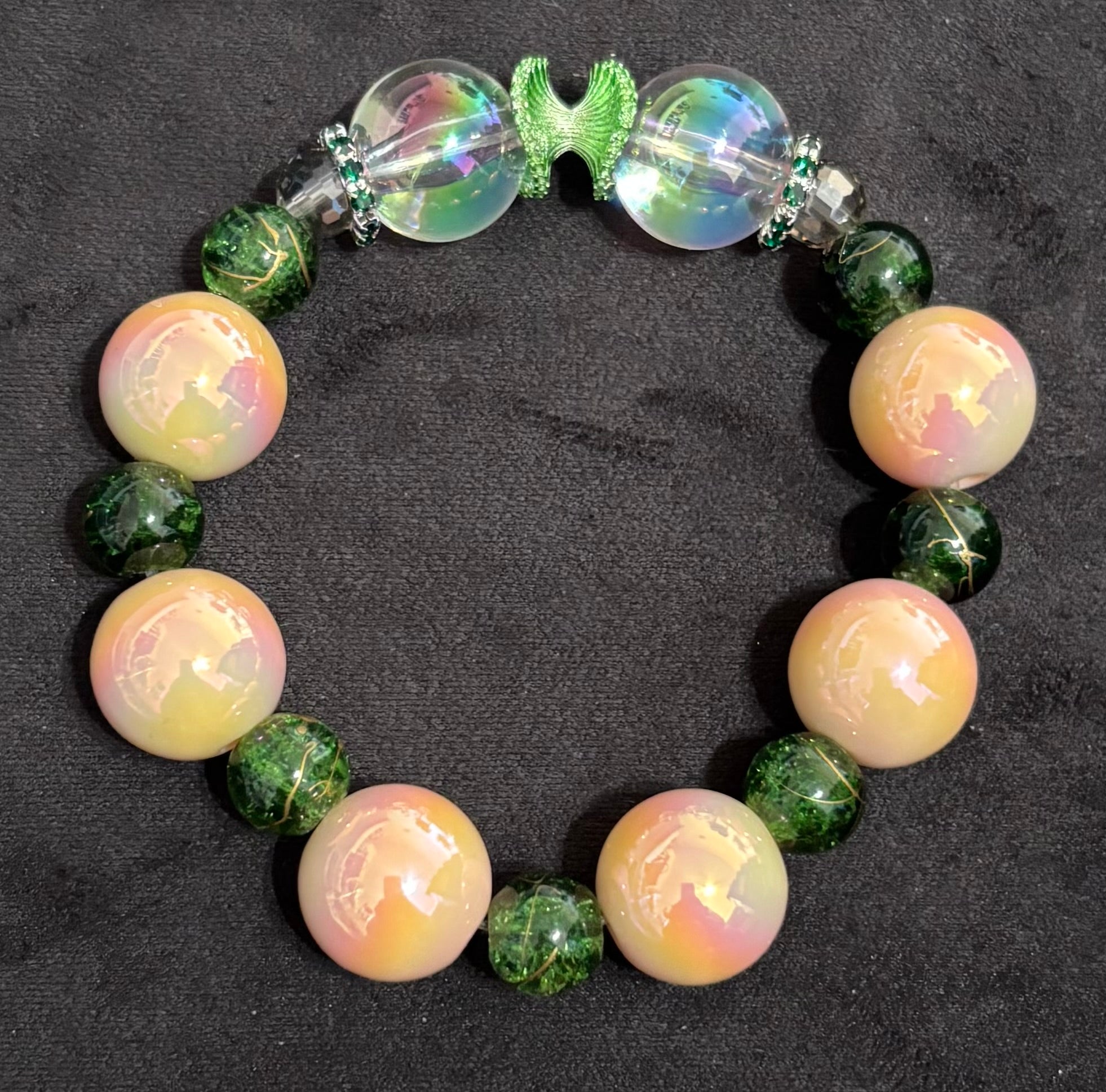 PEACH(ES) & GREEN - Beaded Charm, Keychain, Pen & Stretch Bracelet Set