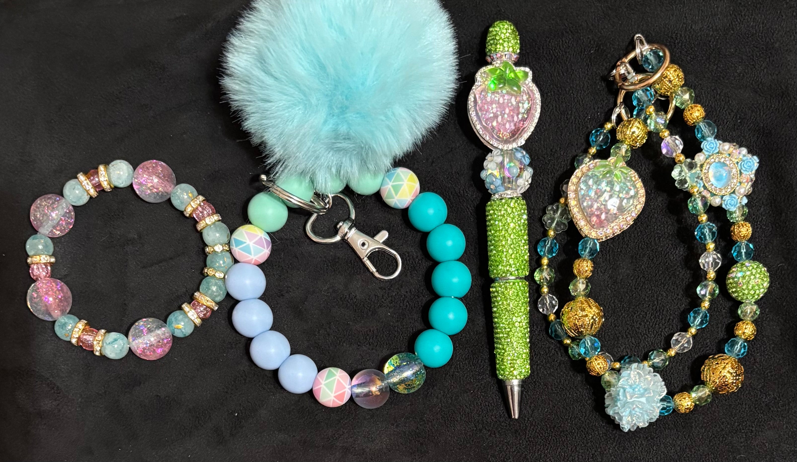 COLOR SPLASH - Beaded Charm, Keychain Wristlet, Pen & Stretch Bracelet