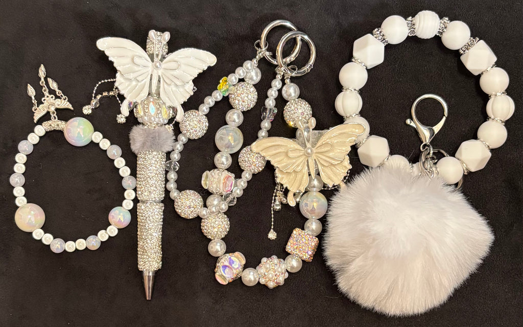 WINGED BLING- Beaded Charm, Keychain Wristlet, Pen & Stretch Bracelet Set