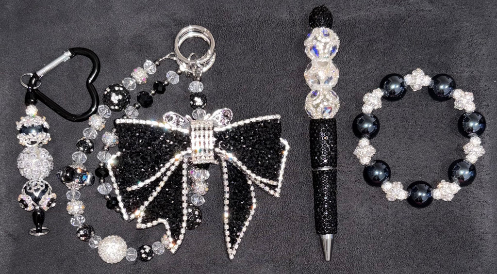BLACK TIE AFFAIR - Beaded Charm, Keychain, Pen & Stretch Bracelet Set