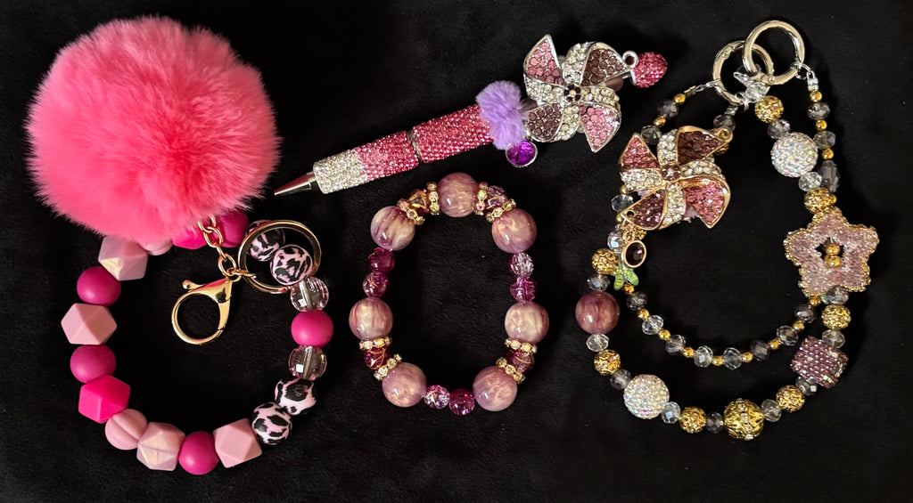 PINWHEEL PARTY - Beaded Charm, Keychain Wristlet, Pen & Stretch Bracelet