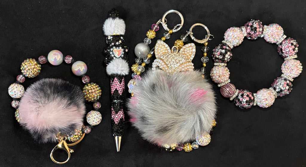 FOXY FAUX FUR - Beaded Charm, Keychain, Pen & Stretch Bracelet Set