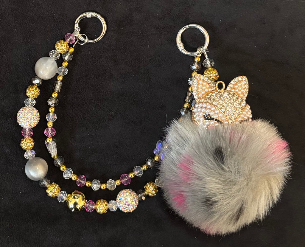 FOXY FAUX FUR - Beaded Charm, Keychain, Pen & Stretch Bracelet Set