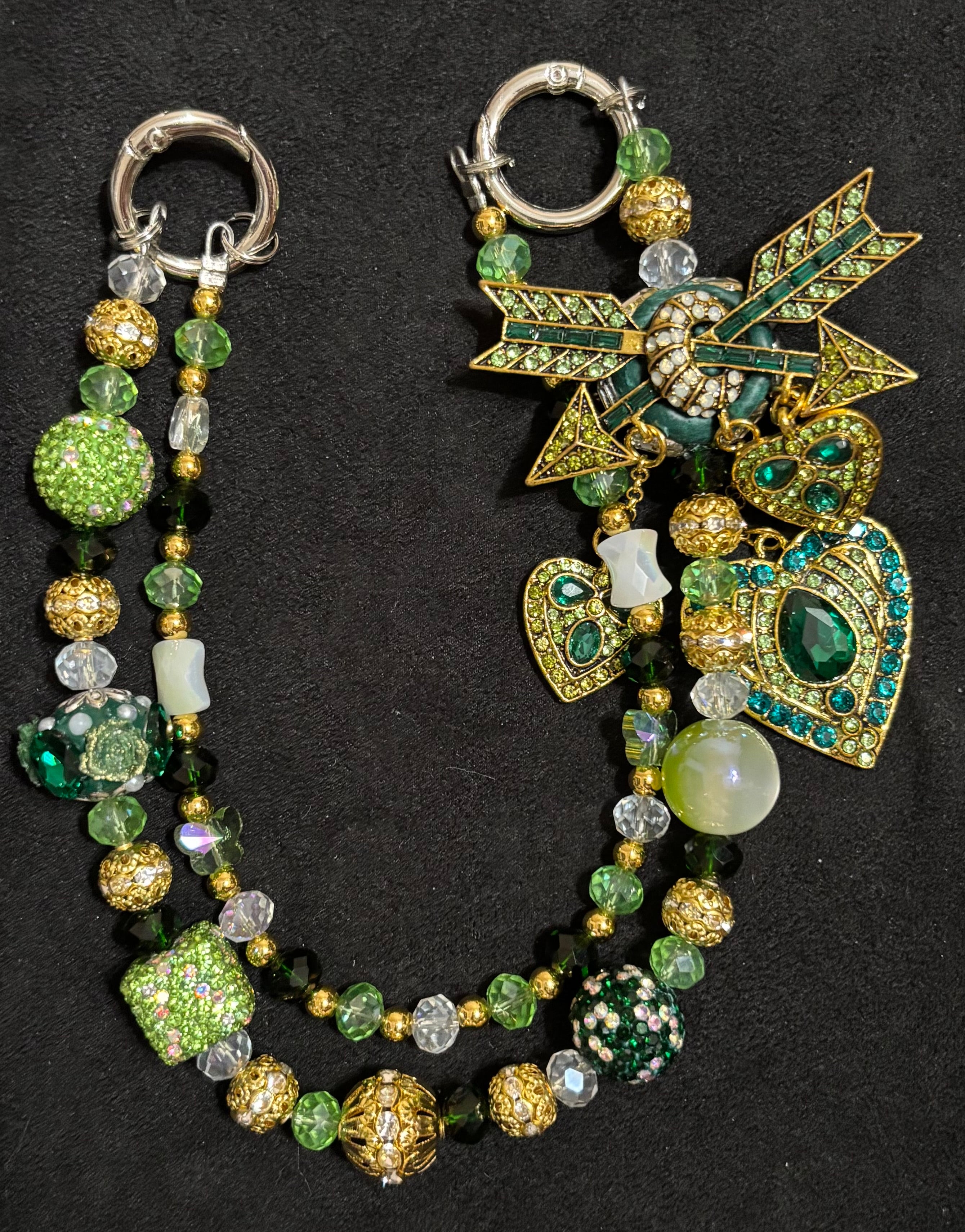LOVE IN GREEN-Beaded Charm, Keychain Wristlet, Pen & Stretch Bracelet Set